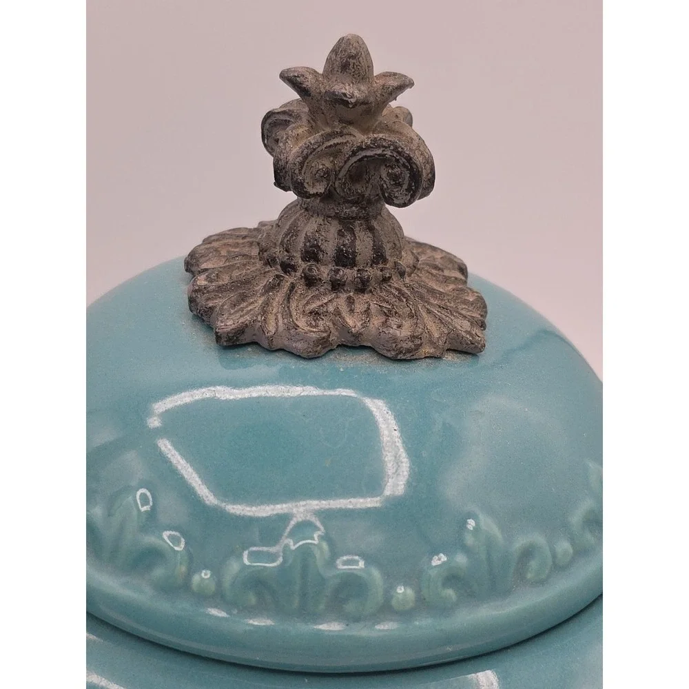Drake Design Tuscan Scroll Fleur De Lis Turquois Square Canister‎ No Base 9 1/2